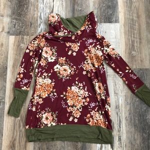 Olive & Maroon Hooded Floral Tunic